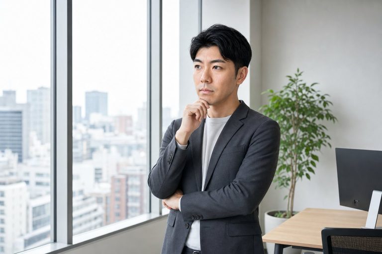 オフィスの窓際で考え込む男性