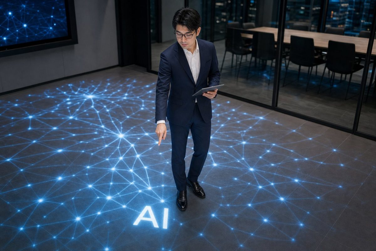 床面投影のAIマップを検討する男性
