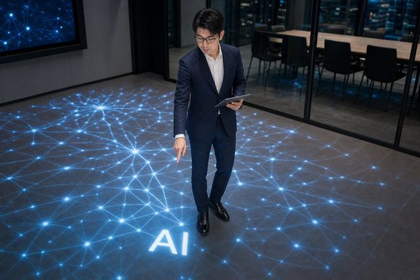 床面投影のAIマップを検討する男性