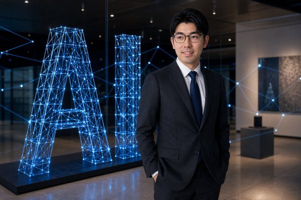 AIの光の彫刻とオフィスに立つ男性