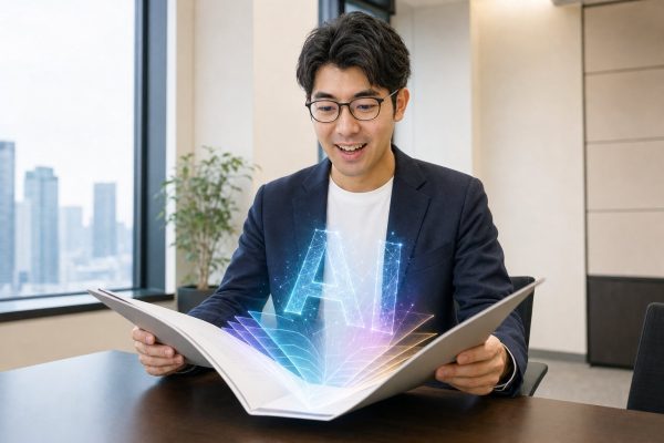 書類から立ち上がるAIの光と男性
