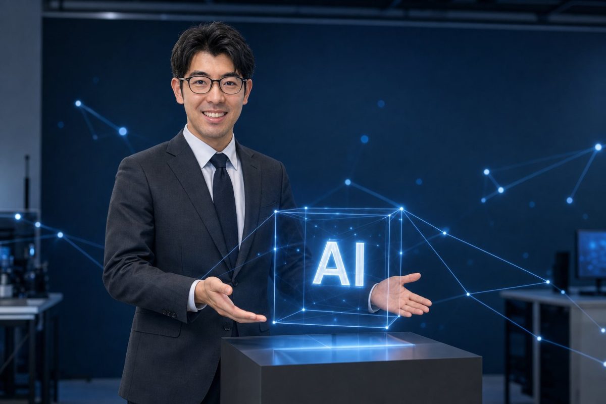 発光キューブのラボに立つ男性