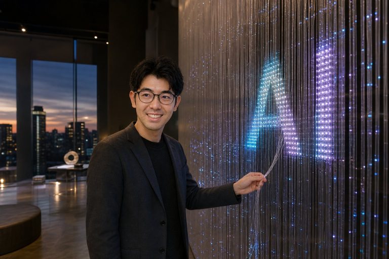 光ファイバーの束とAIを操る男性