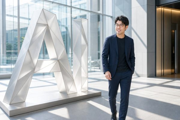 金属オブジェのロビーでAIを見る男性
