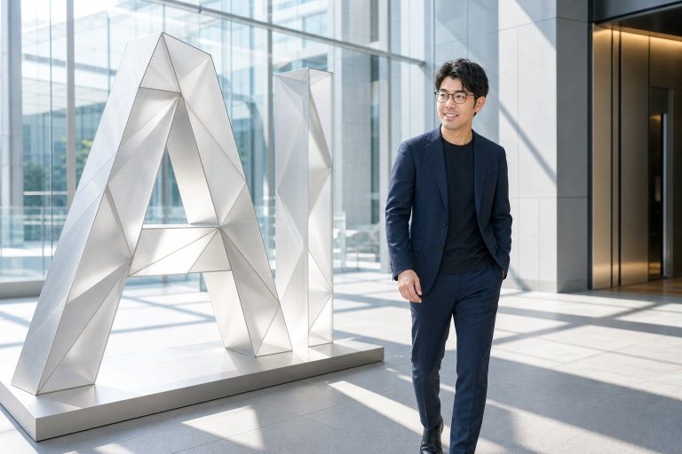 金属オブジェのロビーでAIを見る男性