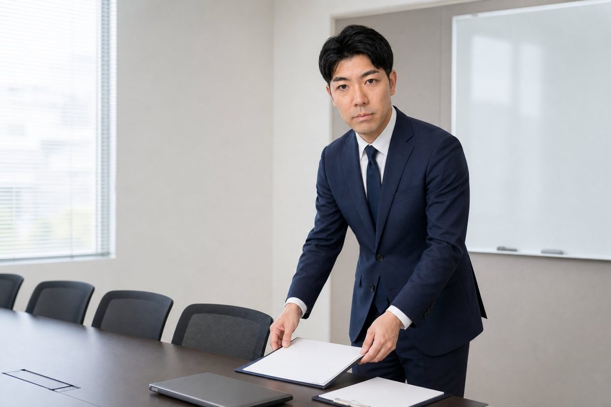 会議前に資料を整える男性
