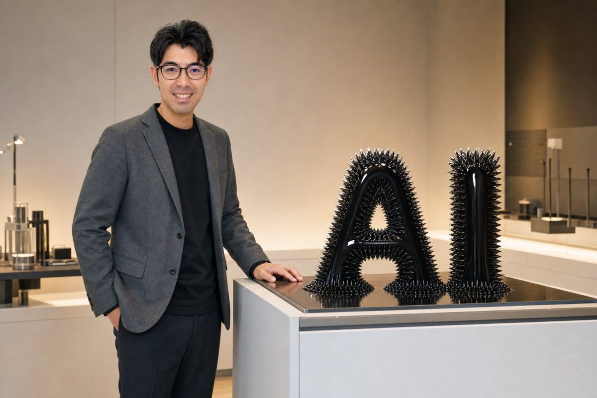 流体オブジェとAIを観察する男性