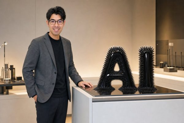 流体オブジェとAIを観察する男性