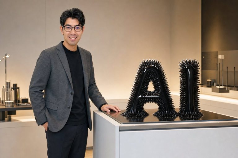 流体オブジェとAIを観察する男性