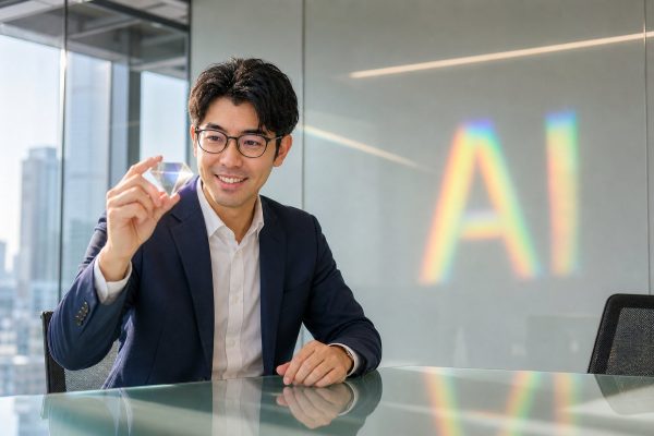 プリズムの光の壁の前に立つ男性