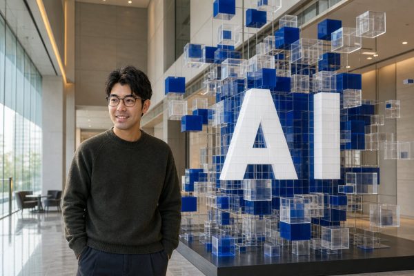 ガラスキューブの空間でAIを扱う男性