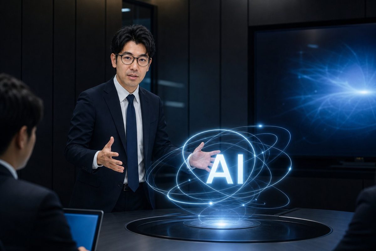 軌道状のAI表示と会議室の男性