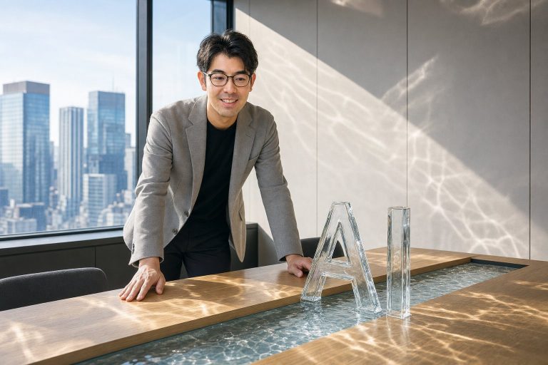 水面の光模様とAIパネルの男性