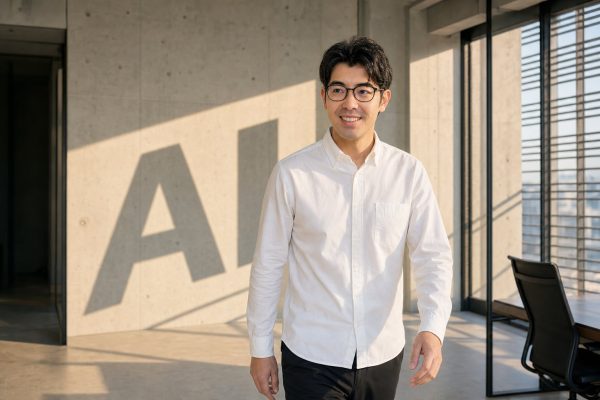 建築的な影の中でAIと立つ男性