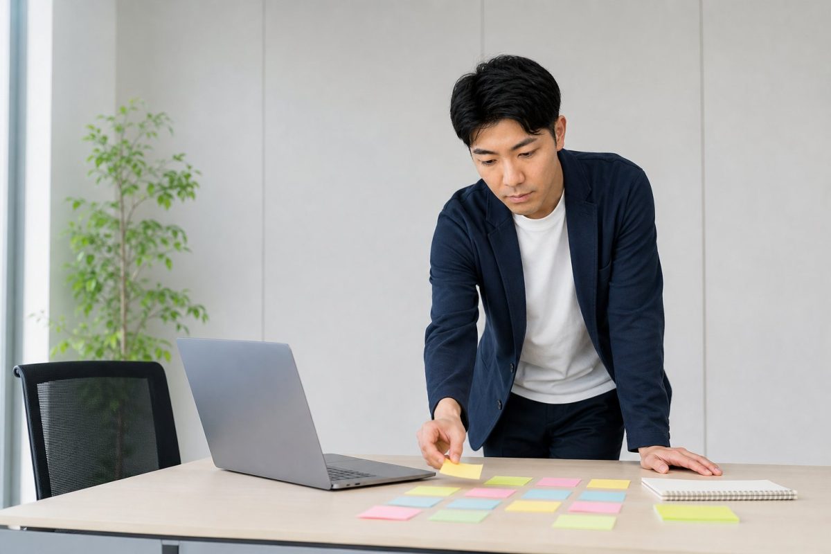 付箋でアイデアを整理する男性