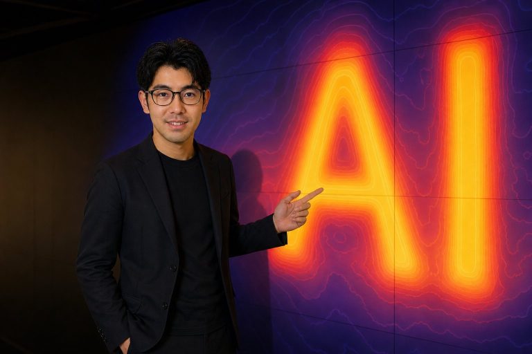 グラデーションの壁とAIの男性