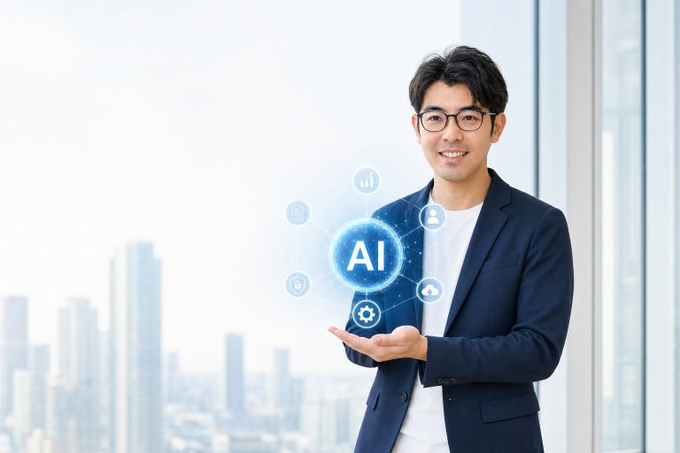 余白のあるAIイメージを手に載せる男性