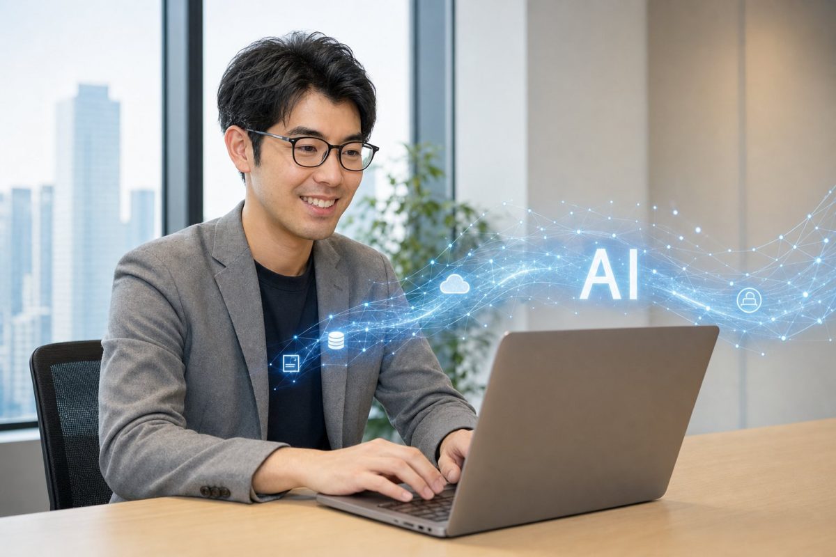 ノートPCからAIのリボンが伸びる男性