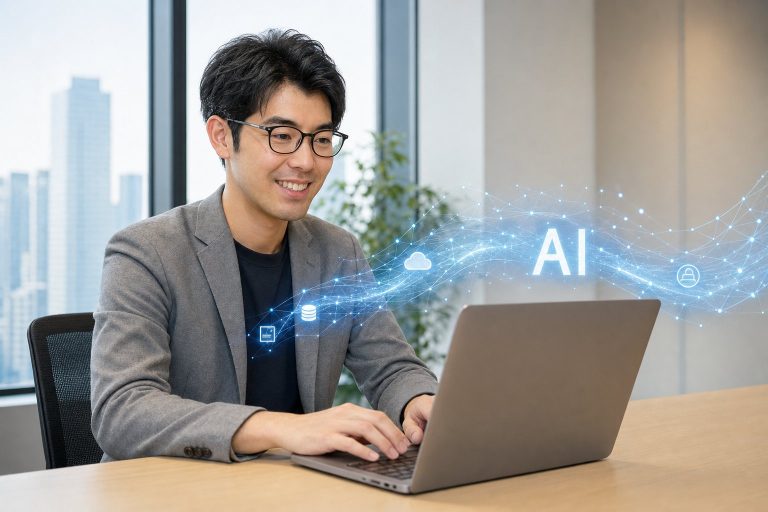 ノートPCからAIのリボンが伸びる男性