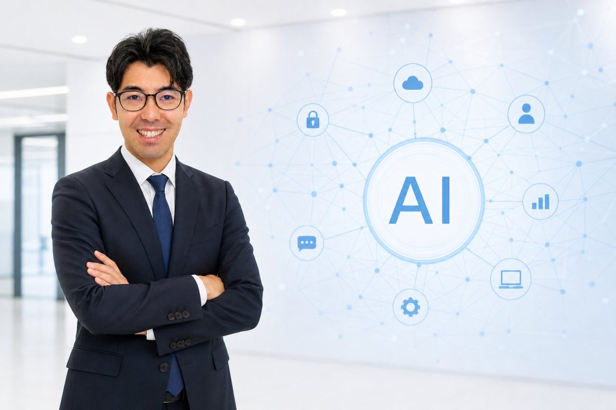 AIを背景に腕組みする男性