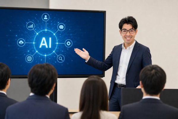 セミナーでAIについて講演する男性