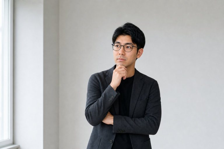 壁際で考え事をするメガネの男性