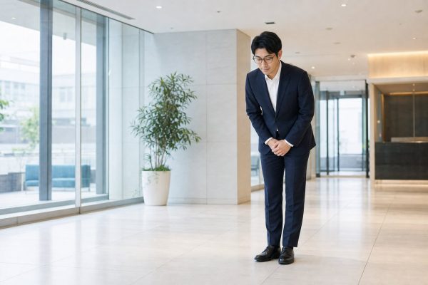 ロビーでお辞儀をするスーツの男性