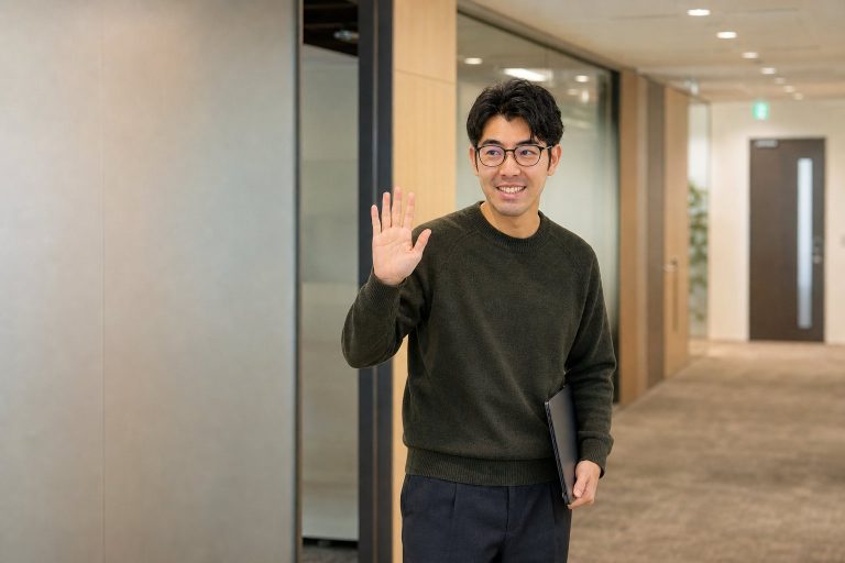 オフィスの廊下で笑顔で手を振る男性