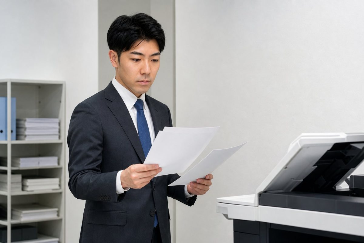 プリンターで書類を確認する男性