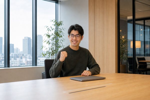 デスクで小さくガッツポーズする男性