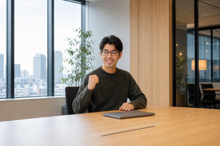 デスクで小さくガッツポーズする男性