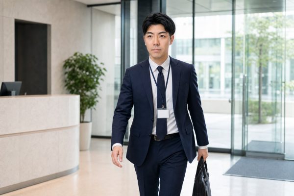 社員証を下げて出社する男性