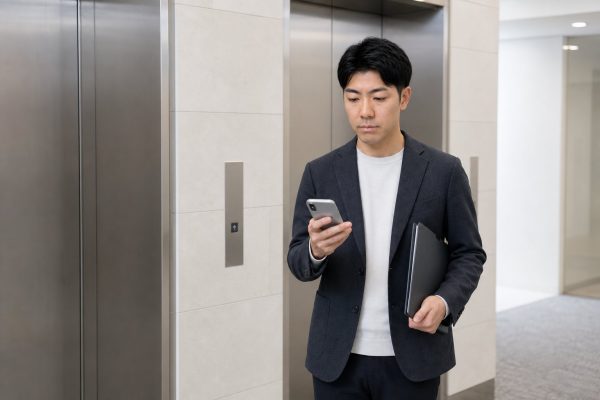 エレベーター前でスマホを確認する男性