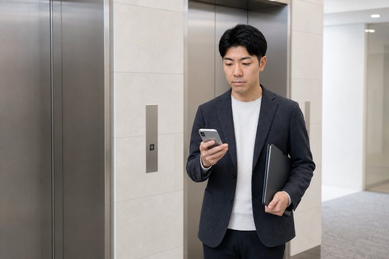 エレベーター前でスマホを確認する男性