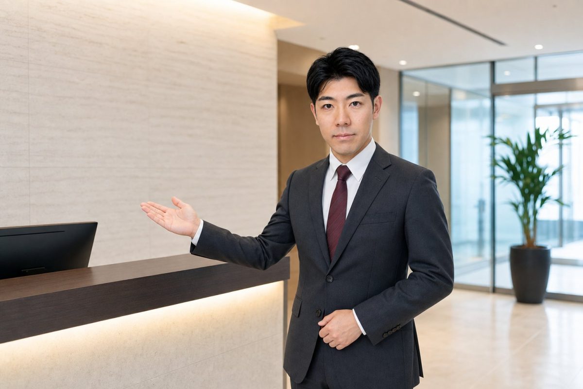 受付で来客を迎える男性