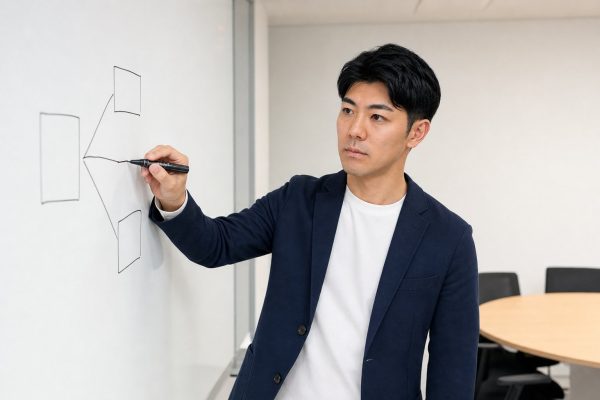 ホワイトボードに書き込む男性