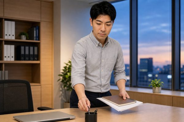 終業後にデスクを片付ける男性