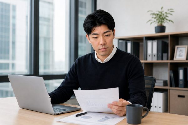 デスクで資料とノートPCを確認する男性