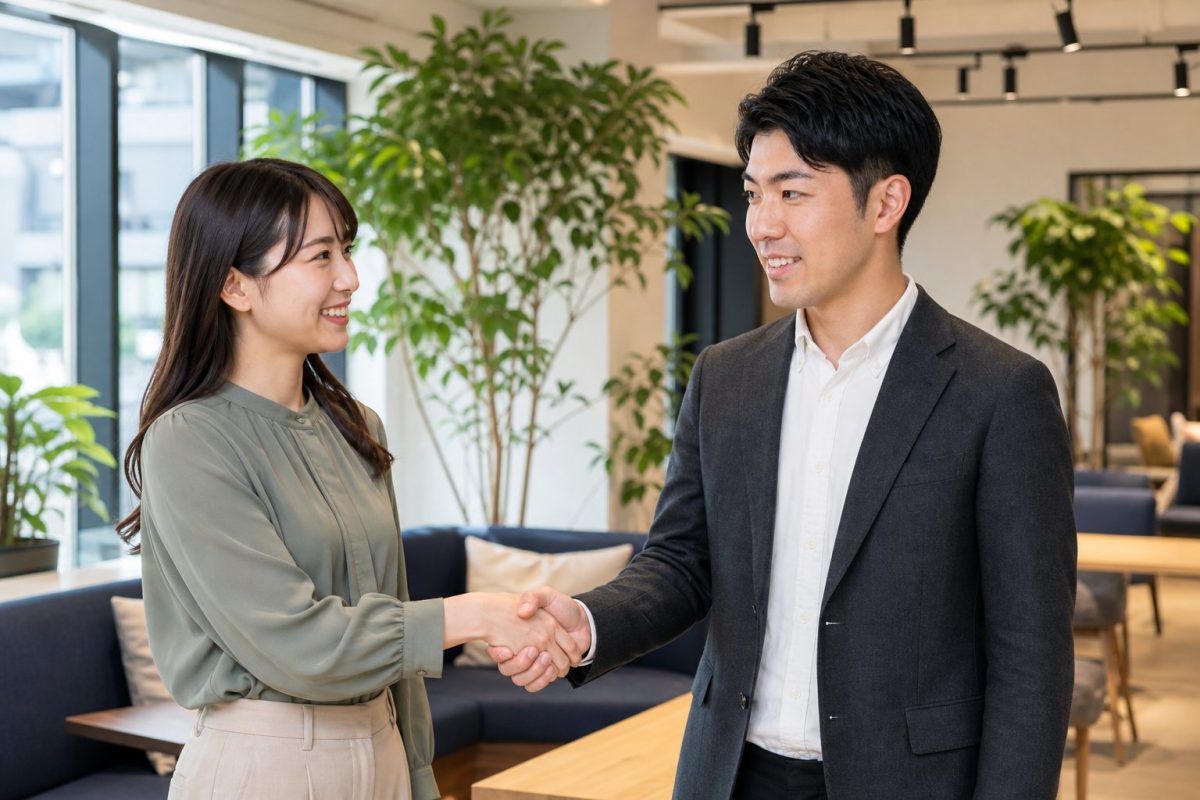 若手の女性社員と握手する男性