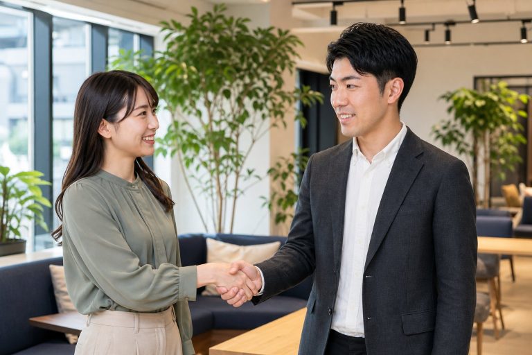若手の女性社員と握手する男性
