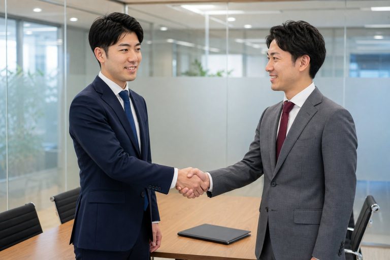 合意に至り顧客と握手するビジネスマン