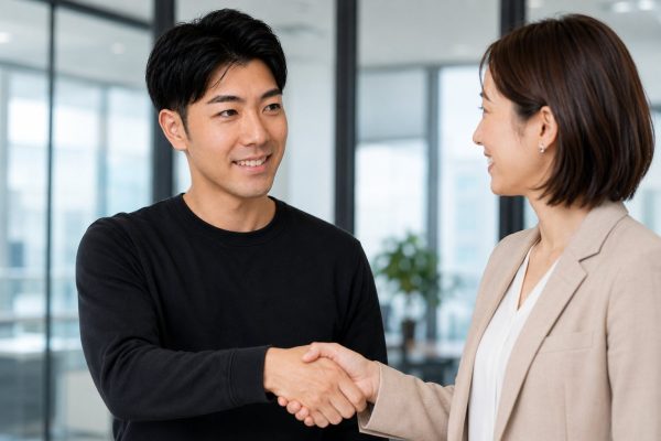 女性社員と握手を交わす男性