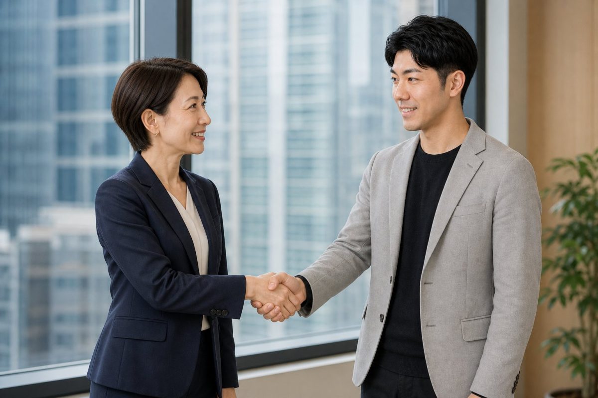 窓際で女性マネージャーと握手する男性