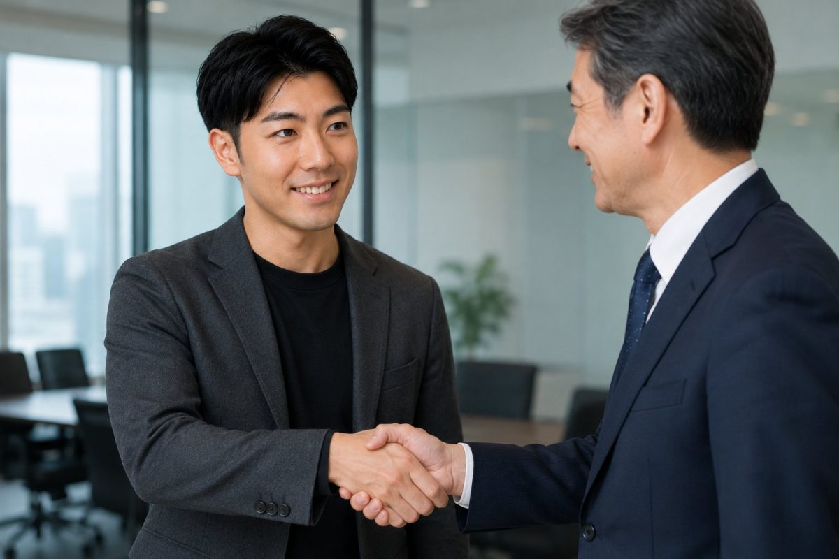 年配のビジネスマンと握手する男性
