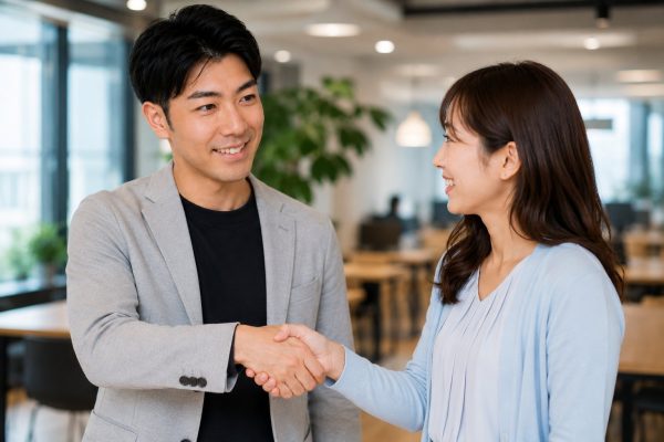 商談成立で女性と握手する男性