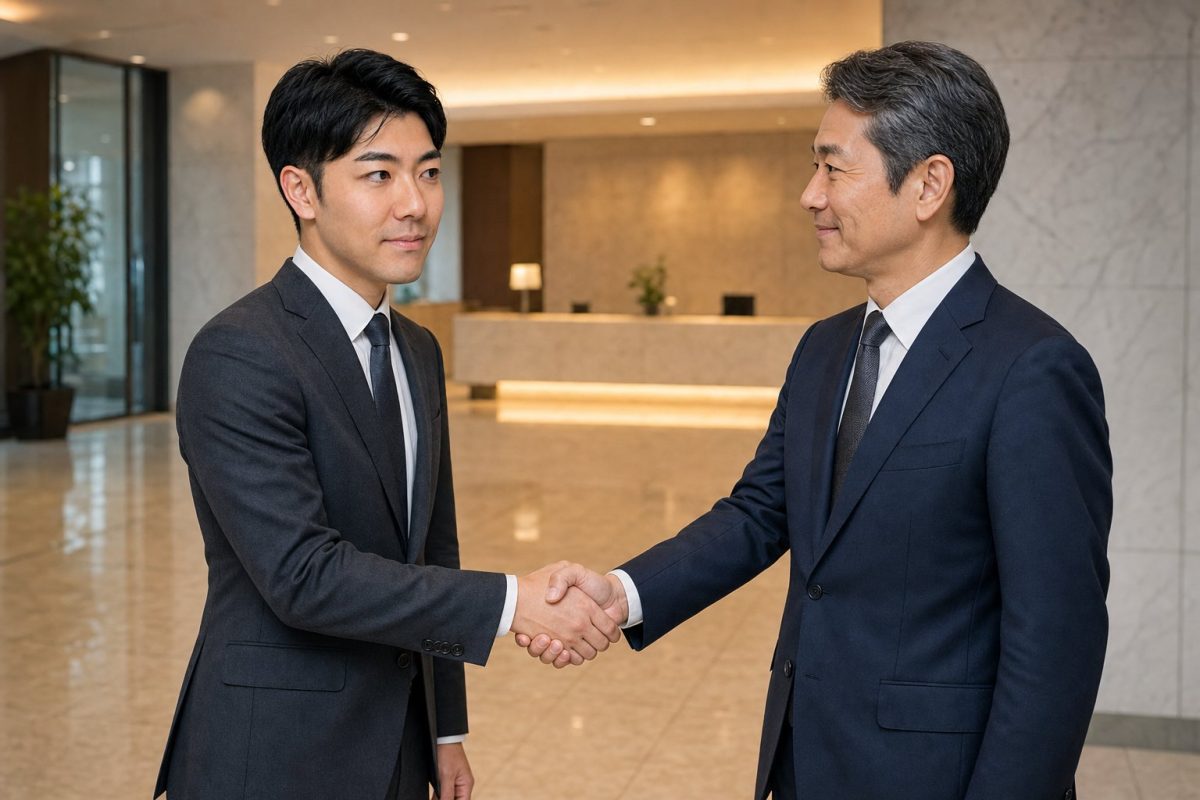 ロビーで役員と握手する男性