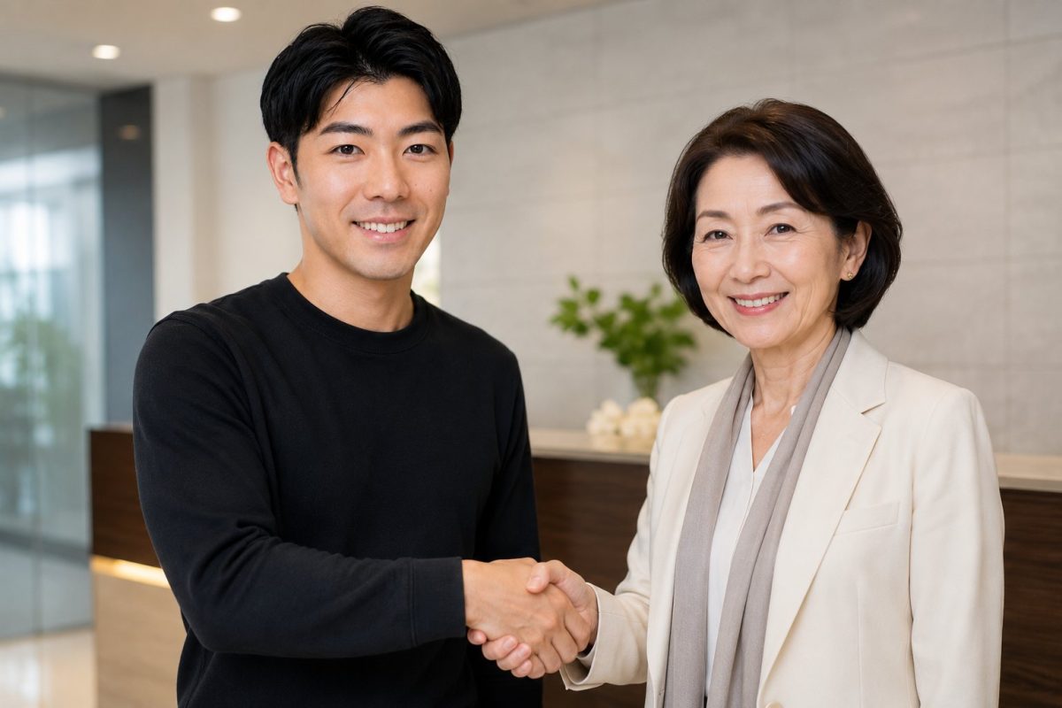 年配の女性と握手する男性