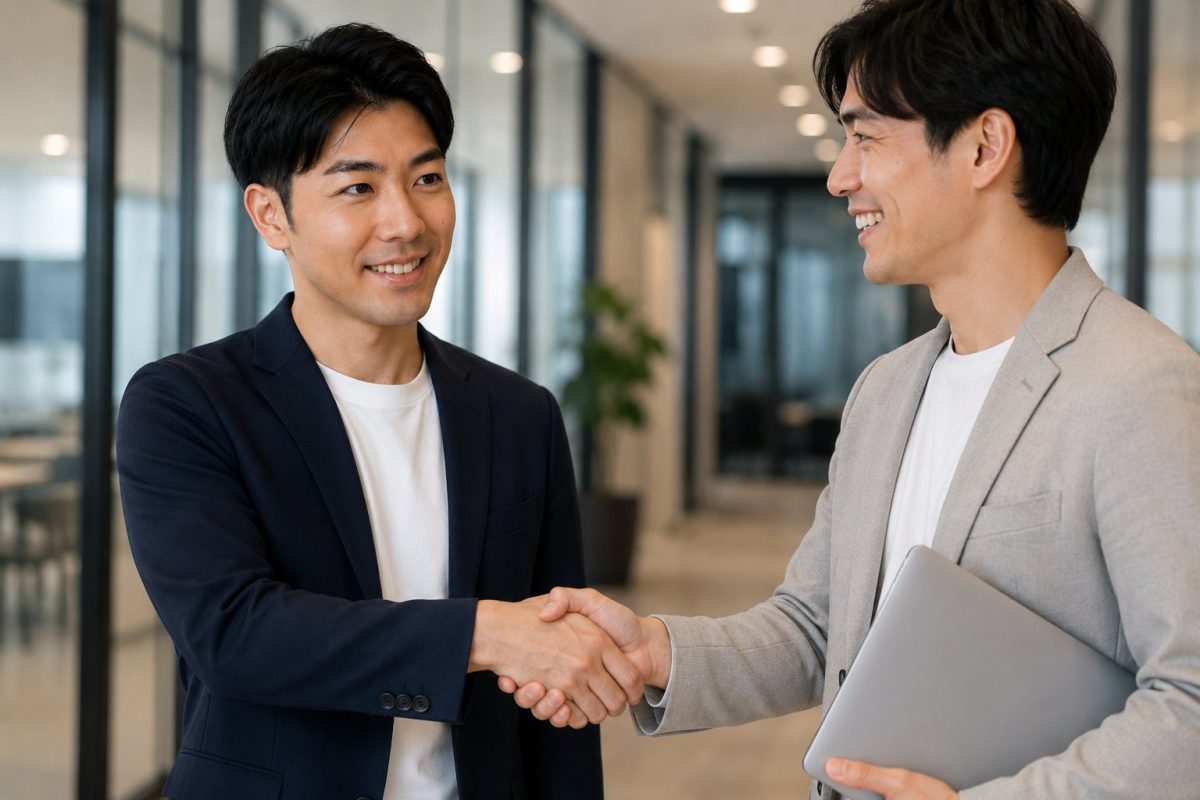 同僚と握手するカジュアルな男性