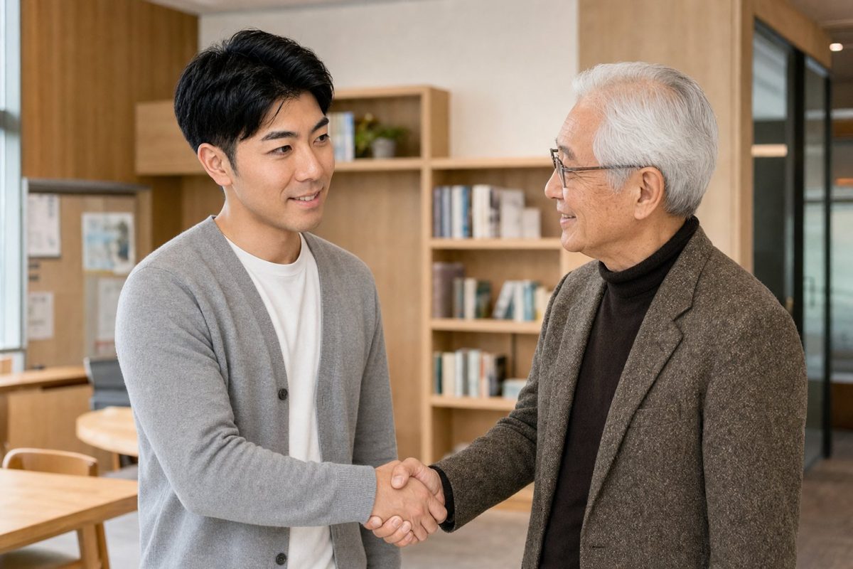 年配のアドバイザーと握手する男性
