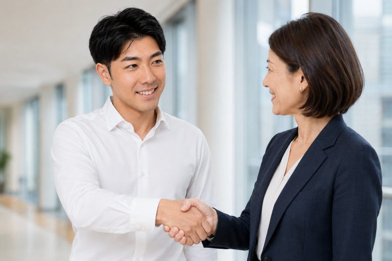 打ち合わせ後に握手する男性